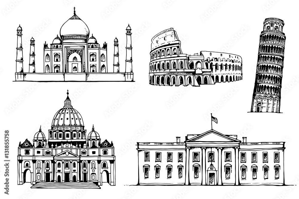 Taj Mahal, Coliseum, Tower of Pisa, St. Peter's Basilica, White House, vector set of popular world landmarks, tourist attractions, isolated on white background