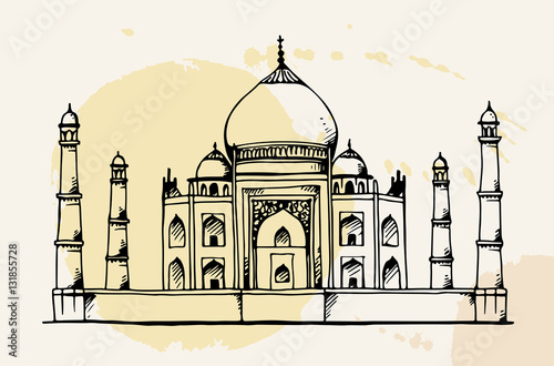 Taj Mahal vector illustration with watercolor stains on background