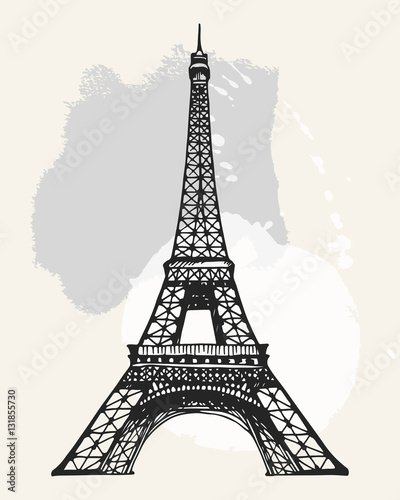 Fototapeta Naklejka Na Ścianę i Meble -  Eiffel Tower in Paris, France vector illustration with watercolor stains on background