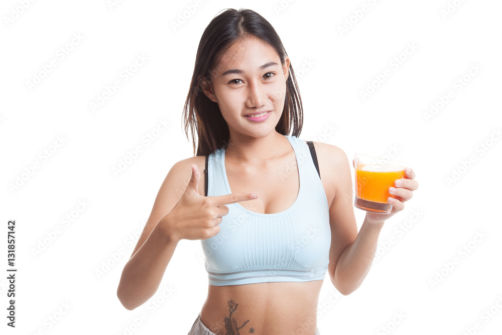 Beautiful Asian healthy girl point to orange juice. Beautiful Asian healthy girl point to orange juice.