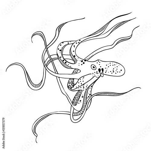 Giant octopus with eight tentacles floating in the ocean depths. Bokeh effect, the air bubbles. Hand drawing. Vector illustration.