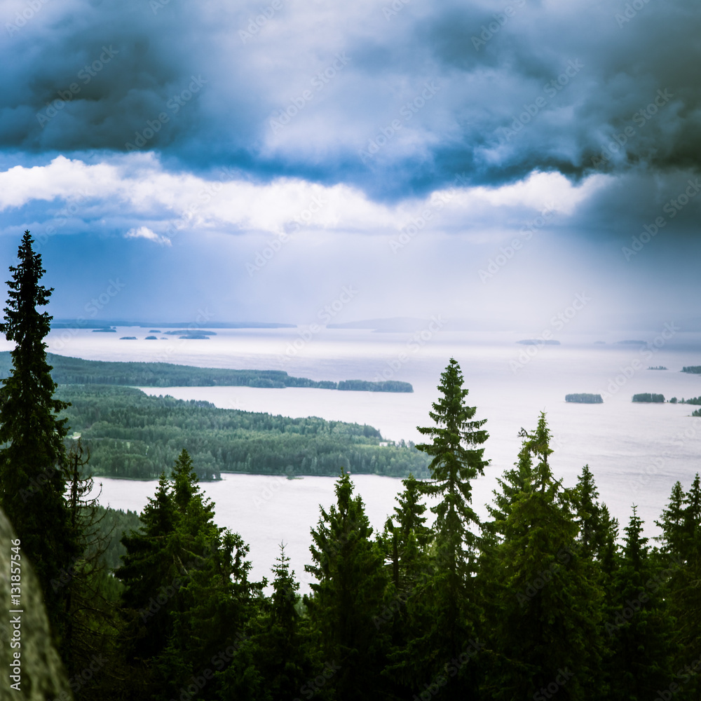 A beautiful panorama of lake and forest from Koli National park peaks