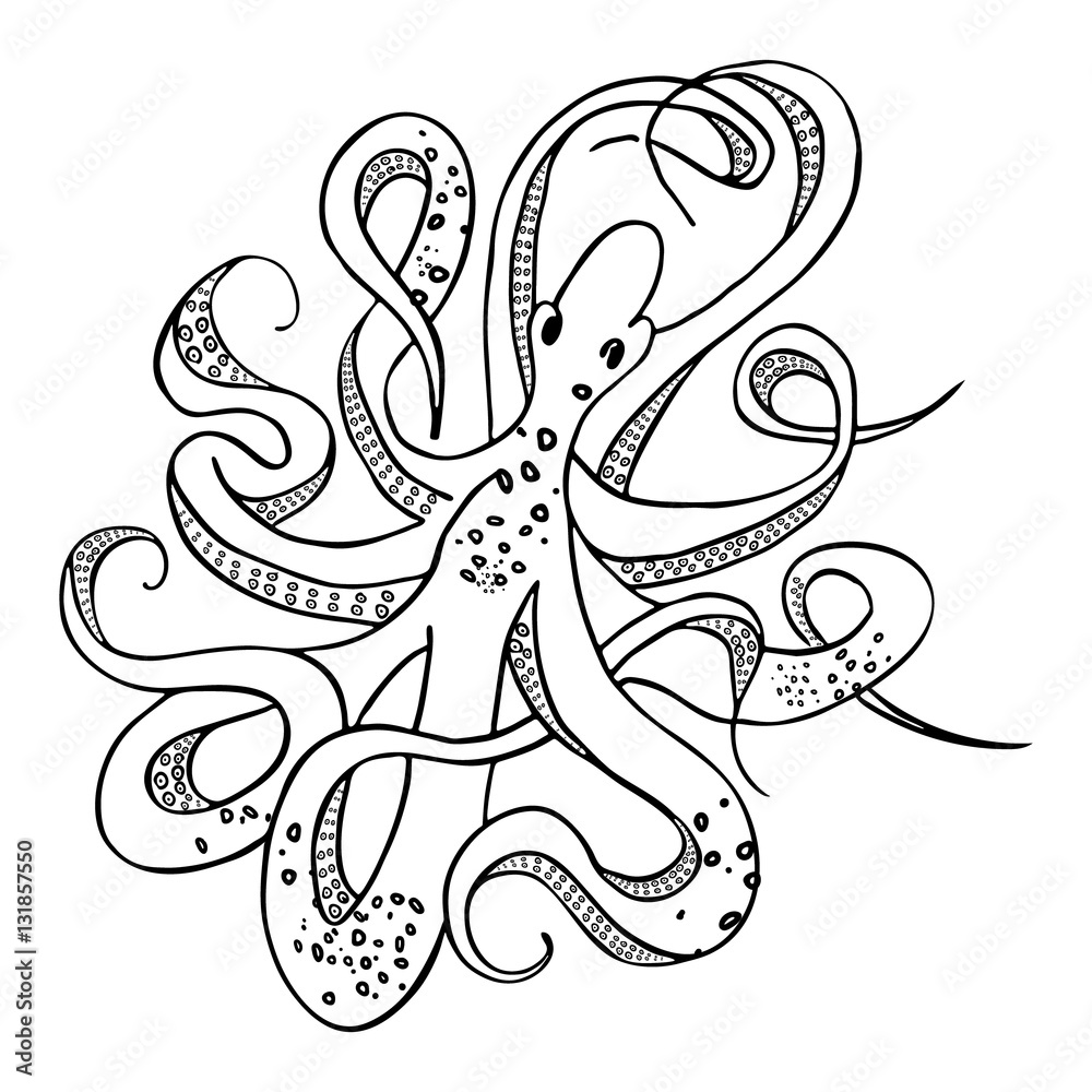 Giant octopus with eight tentacles floating in the ocean depths. Bokeh ...