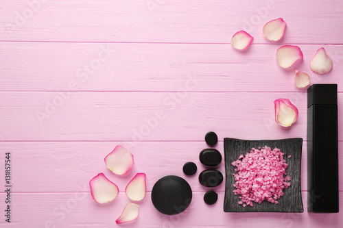 Beautiful spa composition on pink wooden background