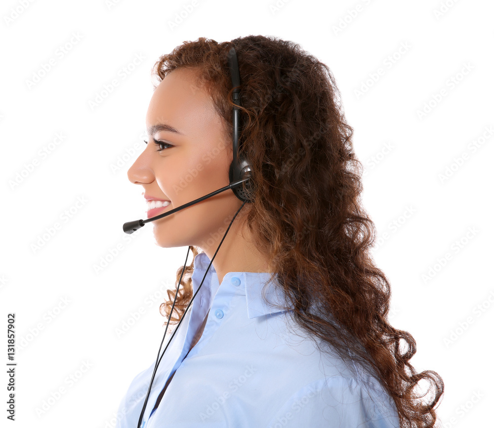 Female technical support call center dispatcher on white background Female technical support call center dispatcher on white background