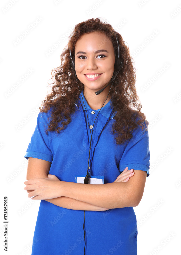 Young female technical support dispatcher on white background Young female technical support dispatcher on white background