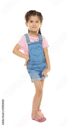 Cute little girl on white b...