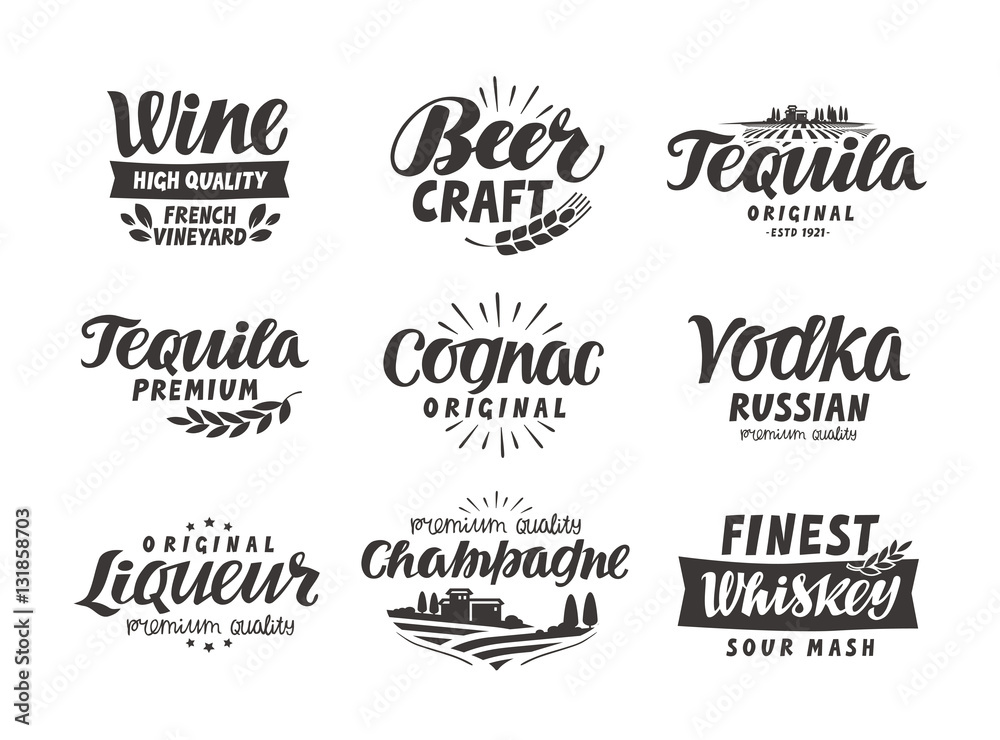 Alcoholic drink. Collection lettering, labels for menu design restaurant or bar