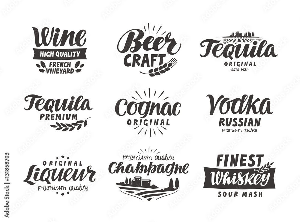 Alcoholic drink. Collection lettering, labels for menu design restaurant or bar Alcoholic drink. Collection lettering, labels for menu design restaurant or bar