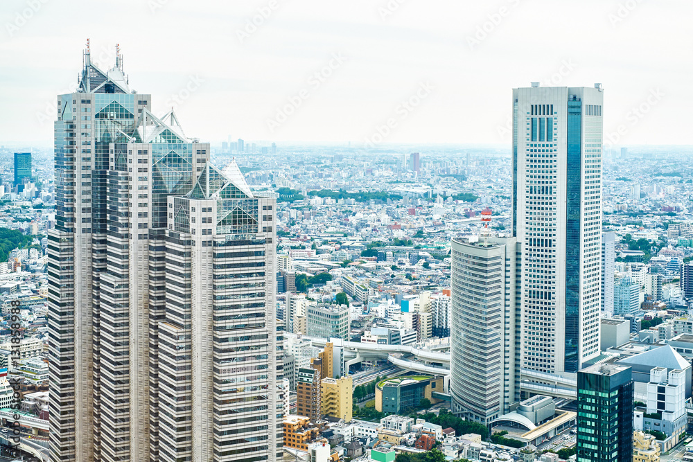 Naklejka premium Asia Business concept for real estate and corporate construction - panoramic modern cityscape building bird eye aerial view under sunrise and morning blue bright sky in Tokyo, Japan