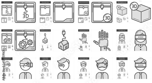 Virtual reality and 3D technology line icon set.
