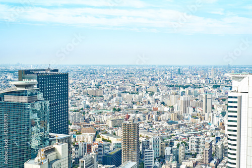 Asia Business concept for real estate and corporate construction - panoramic modern cityscape building bird eye aerial view under sunrise and morning blue bright sky in Tokyo  Japan