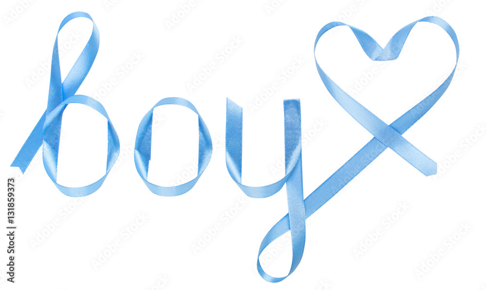 Word boy written gift ribbon blue heart. White background, isolated Word boy written gift ribbon blue heart. White background, isolated