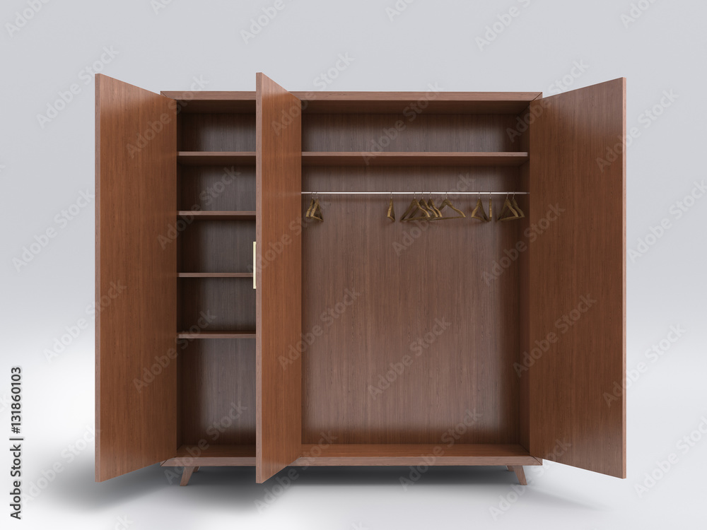 wood big open cupboard; 3d illustration