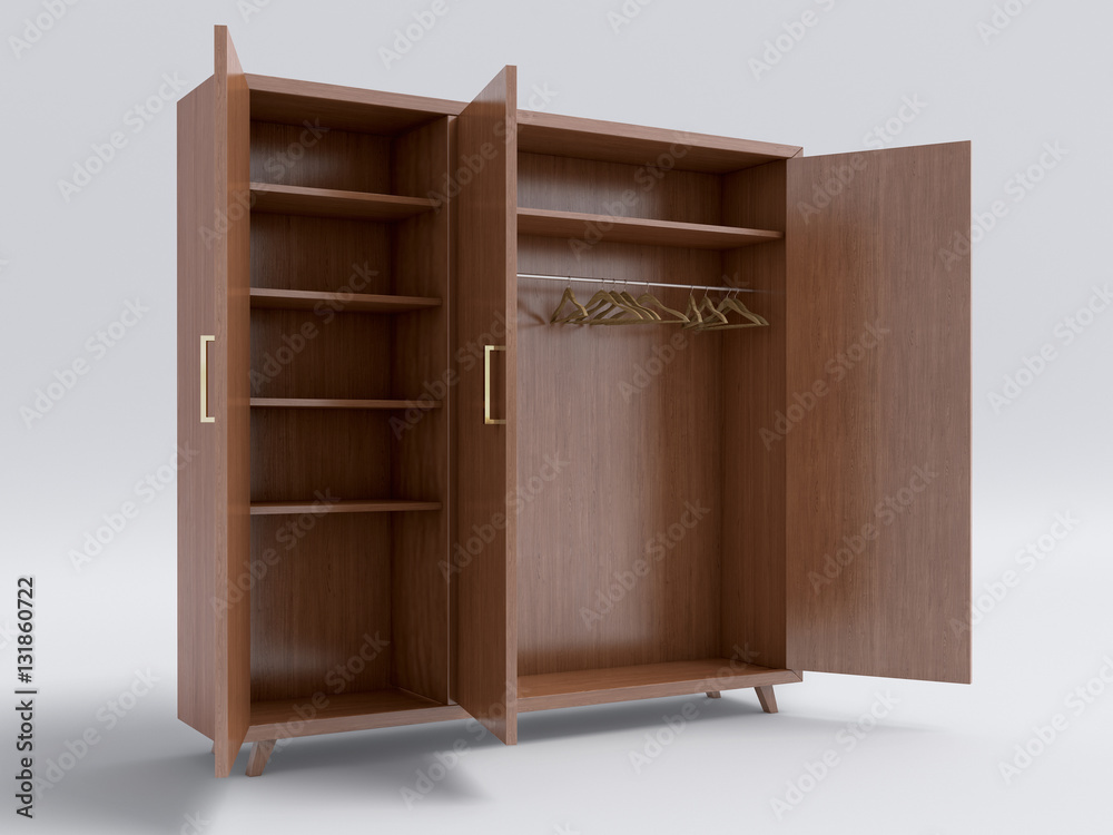 wood big open cupboard; 3d illustration wood big open cupboard; 3d illustration