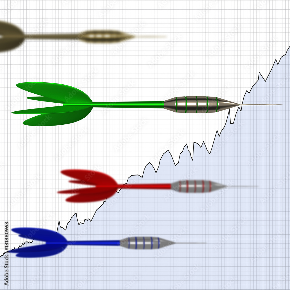 Dart arrow with rising chart, 3d illustration