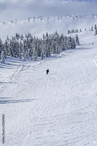 Winter in Carpathians Mountains. Ukraine. Sunny day. Deep snow. Alpine skiing on piste.