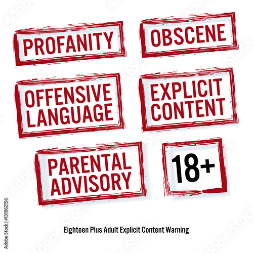 Set Of Red Rectangular Stamps Adults Only. Grungy Icons Age 18 Limit. Isolated On White Background. Profanity, Parental Advisory, Obscene, Offensive Language. Vector Illustration.