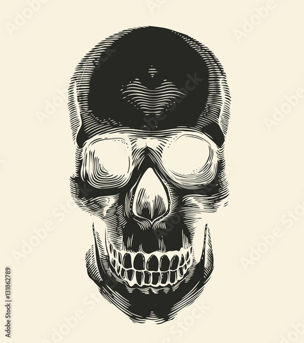 Human skull silhouette drawn in vintage engraving or woodcut style, front view. Symbol of death and horror. Monochrome vector illustration for label, postcard, banner, tattoo, logo, T-shirt print.