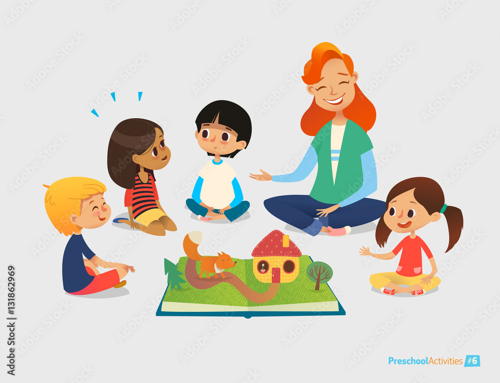 Female teacher tells fairy tales using pop-up book, children sit on floor in circle and listen to her. Preschool activities and early childhood education. Vector illustration for poster, website. Female teacher tells fairy tales using pop-up book, children sit on floor in circle and listen to her. Preschool activities and early childhood education. Vector illustration for poster, website.
