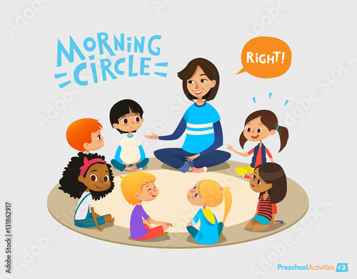 Smiling kindergarten teacher talks to children sitting in circle and asks them questions. Preschool activities and early childhood education concept. Vector illustration for poster, website banner.
