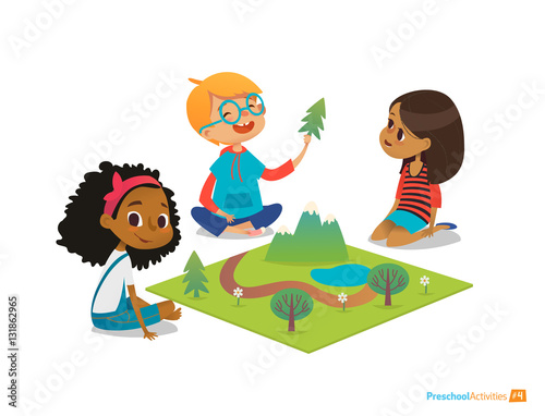 Children sitting on floor explore toy landscape, mountains, plants and trees. Playing and educational activity in kindergarten. Preschool environmental education concept. Cartoon vector illustration.
