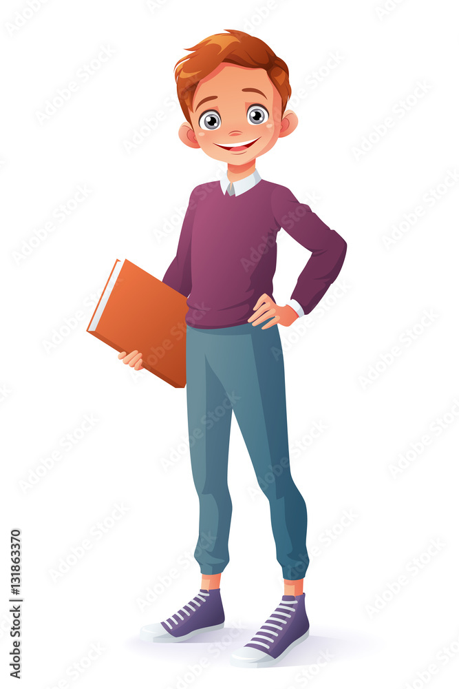 Cute and clever smiling young school student boy holding book. Cartoon style vector illustration isolated on white background. Stock Illustration | Adobe Stock Cute and clever smiling young school student boy holding book. Cartoon style vector illustration isolated on white background. Stock Illustration | Adobe Stock