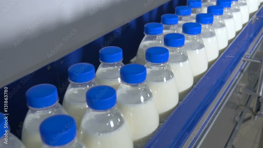 Milk factory. Bottles of milk moving on a industrial conveyor. 4K. Milk factory. Bottles of milk moving on a industrial conveyor. 4K.