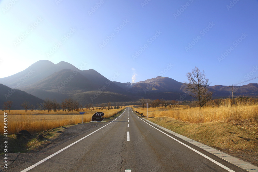 Fototapeta premium まっすぐに続く道 阿蘇くじゅう国立公園