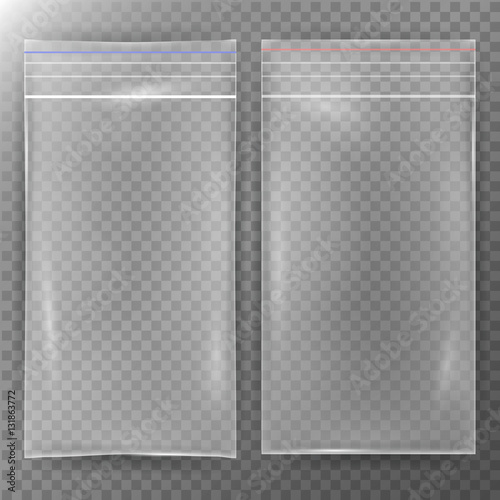 Transparent Plastic Bag. Set Reality Nylon Icon Background. Sealed Empty  Zipper  Close Up. Mock  Template For Your Design. Vector Illustration