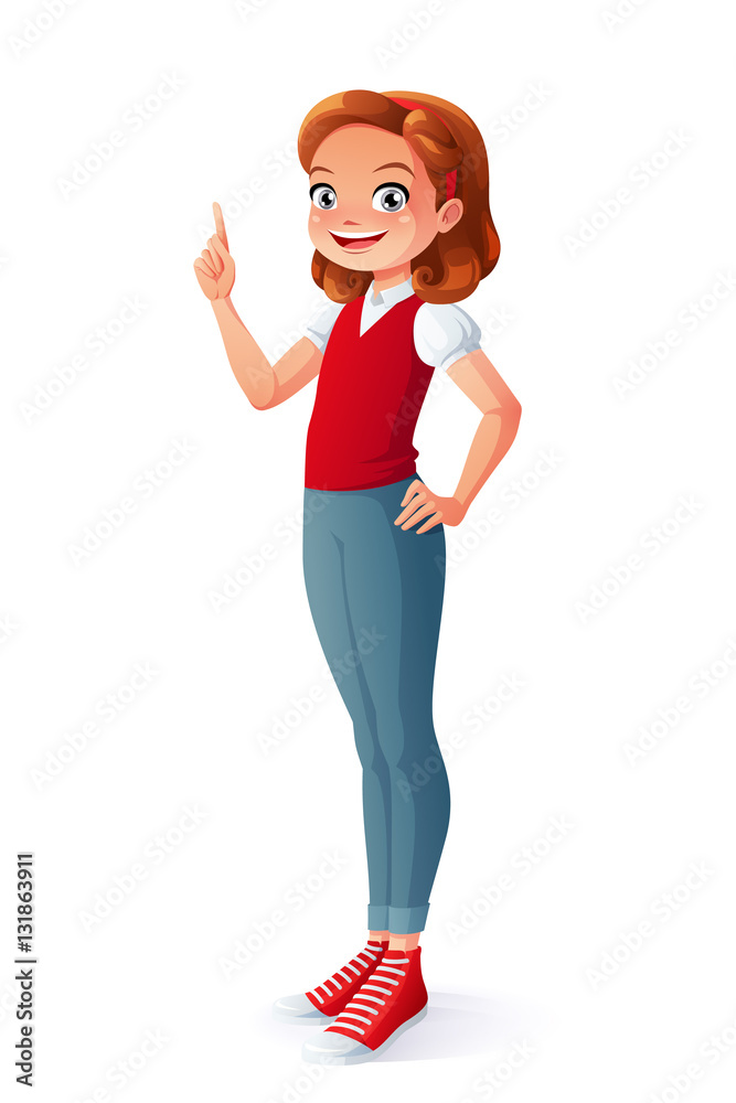 Clever smiling young teen girl got the idea and index finger pointing ...