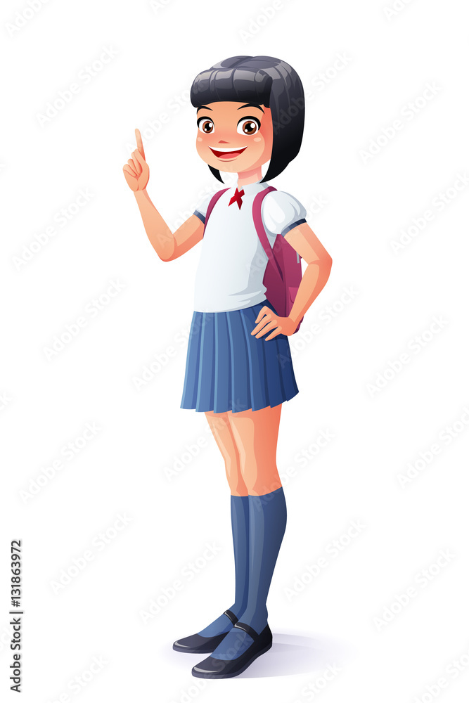 Cute Asian smiling young school student girl finger pointing up with idea. Cartoon style vector illustration isolated on white background.