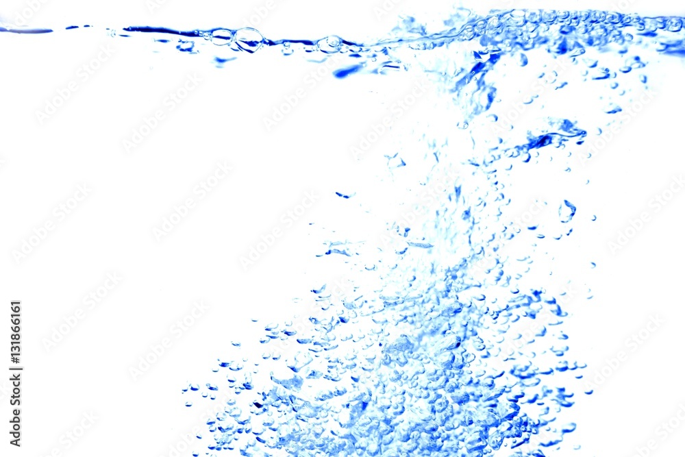 Splash motion water blue wave, with bubbles of air on white back