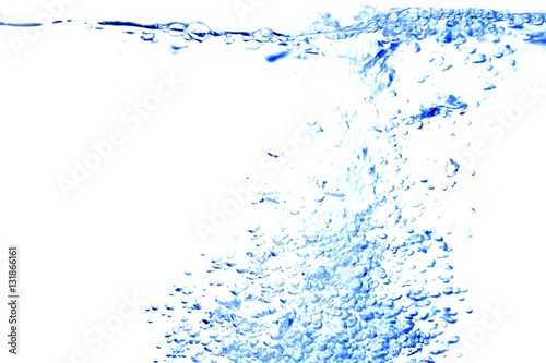 Splash motion water blue wave, with bubbles of air on white back