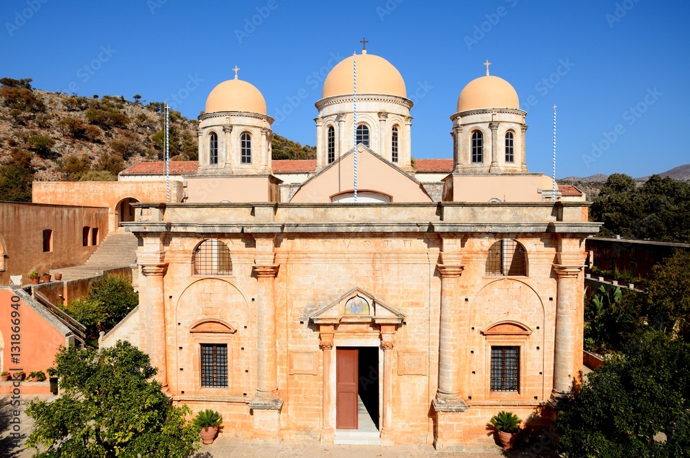 Elevated view of the front of the Agia Triada monastery and domes, Crete.