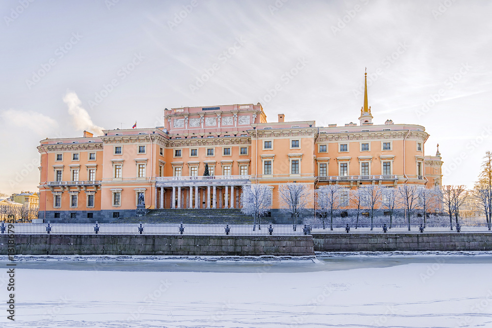 Mikhailovsky Castle in St. Petersburg. Winter frosty morning