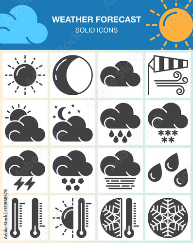 Weather forecast vector icons set, modern solid symbol collection, filled pictogram pack isolated on white. Signs, logo illustration