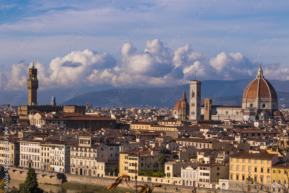 Italy. Florence. View of the historic part of town. Florence is the ancient capital city of the Italian region of Tuscany and of the Metropolitan City of Florence, on the banks of the River Arno.
