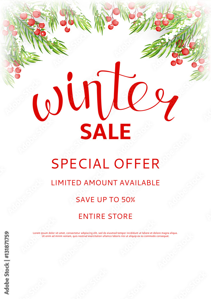 Fototapeta premium Winter sale flyer template. Seasonal discount background for business design. Vector illustration with lettering and snow. Realistic fir-tree branches and ice on the window.