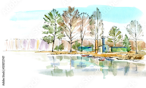 Boat station. Landscape of a lake and forest.Watercolor hand drawn illustration.