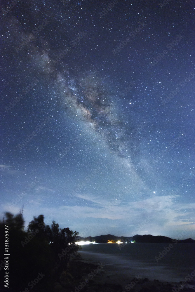 A beautiful view of the Milky Way in Kudat, Sabah Borneo. Long exposure photograph with grain. Image contain certain grain or noise and soft focus.