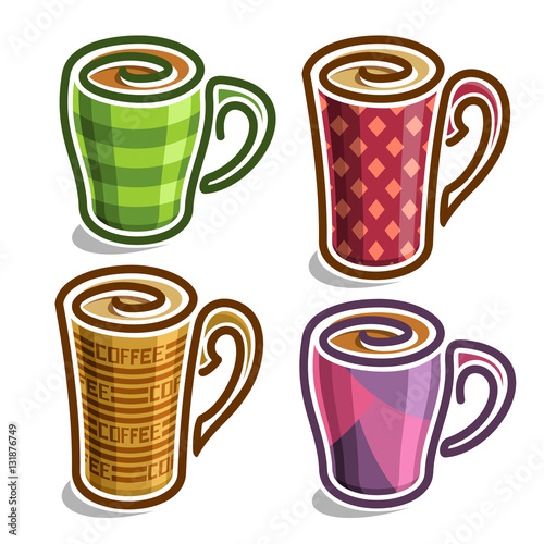 Vector set abstract icons tea Cup: colorful minimalistic teacup with handle, simplistic logo cappuccino cup with swirl, big ceramic checkered mug espresso coffee drink with stripes, isolated on white.