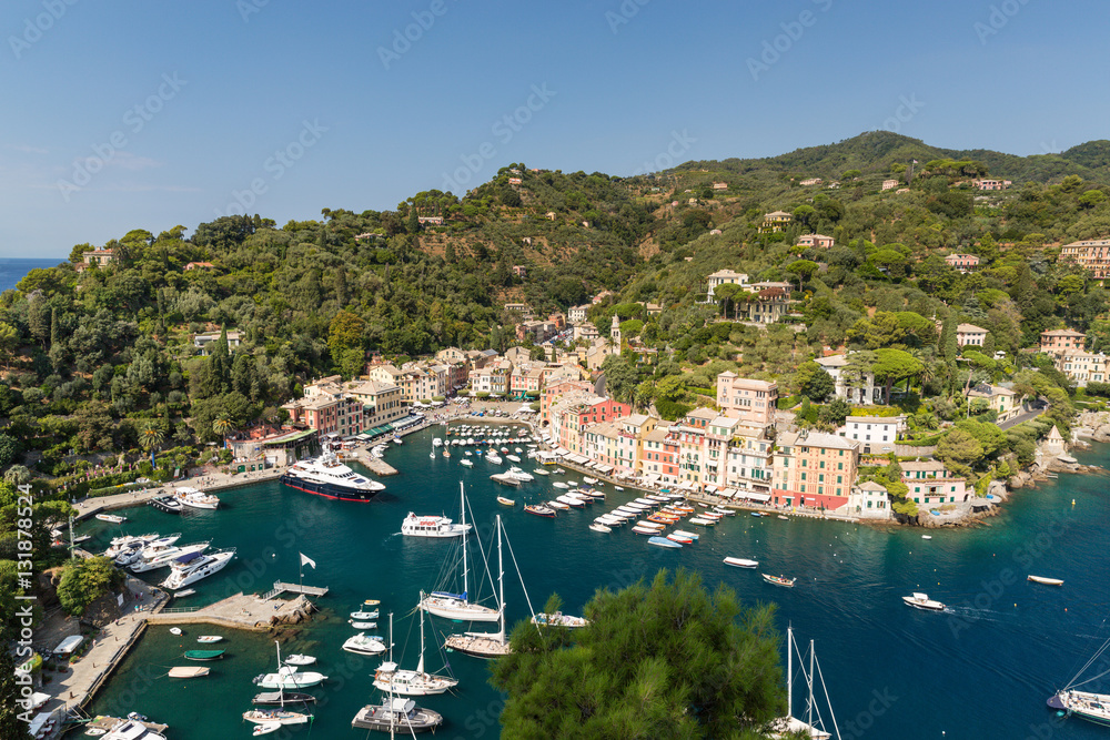 Portofino in Italy taken from the top of the opposite hill