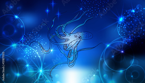 Giant octopus with eight tentacles floating in the ocean depths. Bokeh effect, the air bubbles. Hand drawing. Vector illustration.