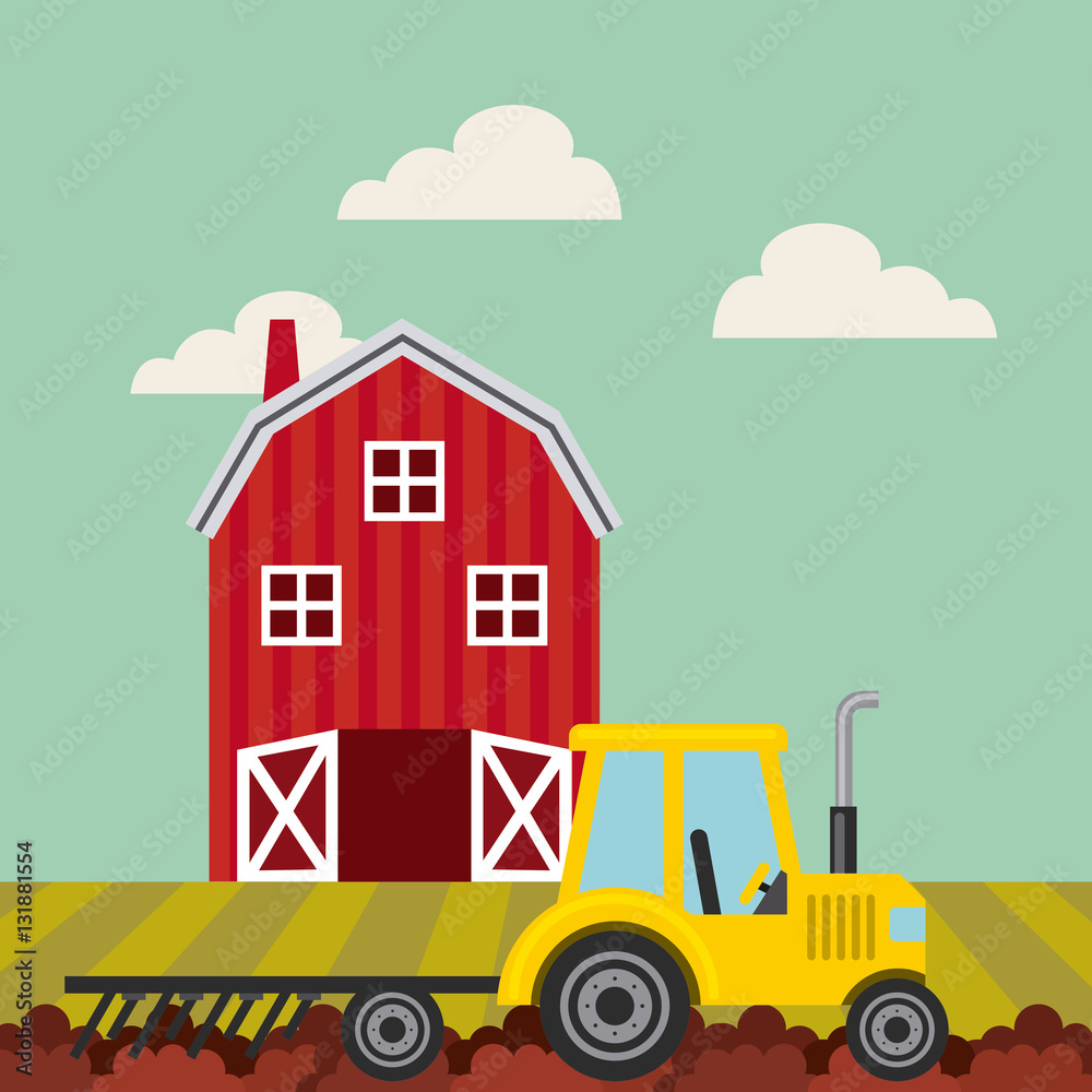 red barn and yellow tractor over farm landscape. colorful design. vector illustration 