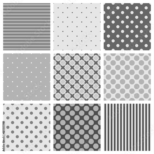 Seamless black, white and grey vector pattern set with polka dots, stripes and cross background