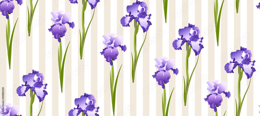 Seamless pattern with irises and stripes
