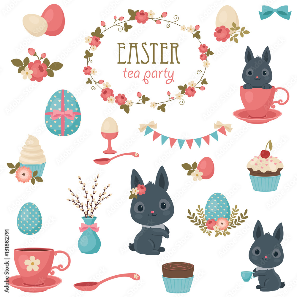 Easter tea party icons set
