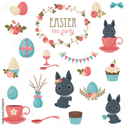 Easter tea party icons set