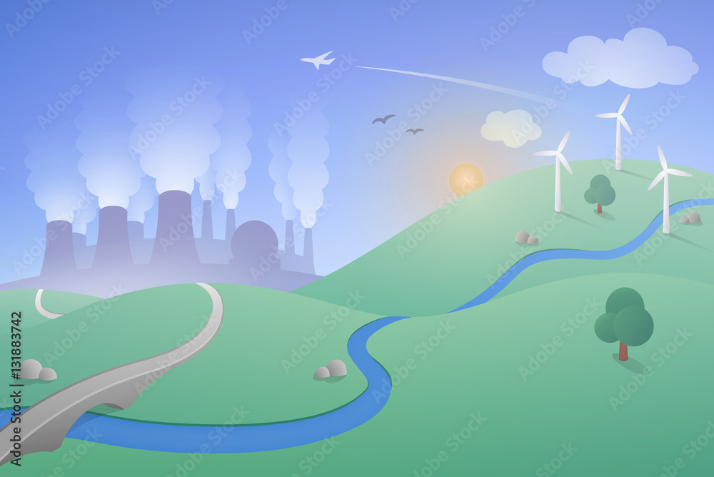 Obraz premium Landscape with Energy Production Theme - a simple and modern vector landscape with a power station and wind farm.